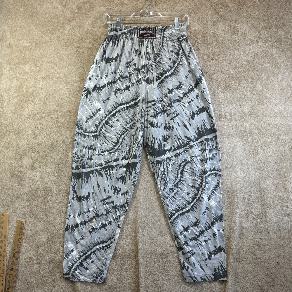 Vintage 90s Parachute Baggy Pants 26x29 Gray Black Stretch Waist Gym Workout EUC